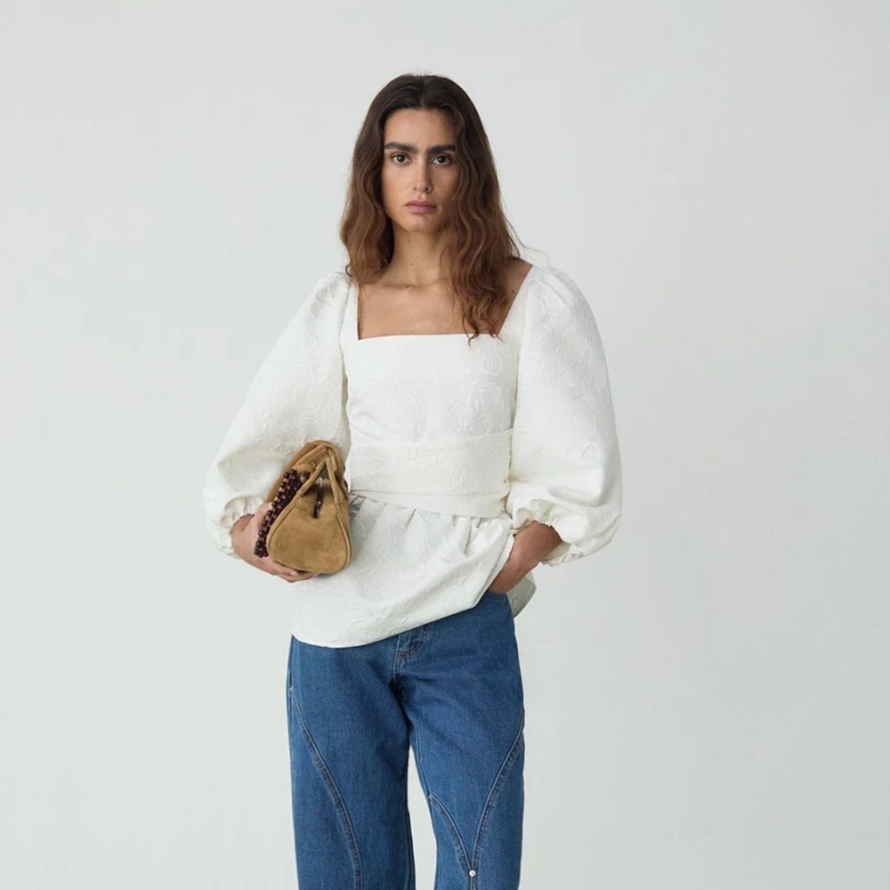new LAAGAM white Cecile tie back blouse